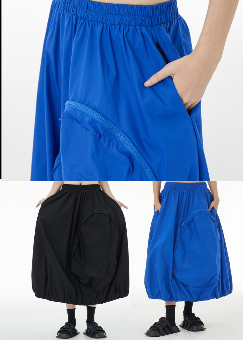 Blue Patchwork Cotton a Line Skirts Zip Up Pockets Summer