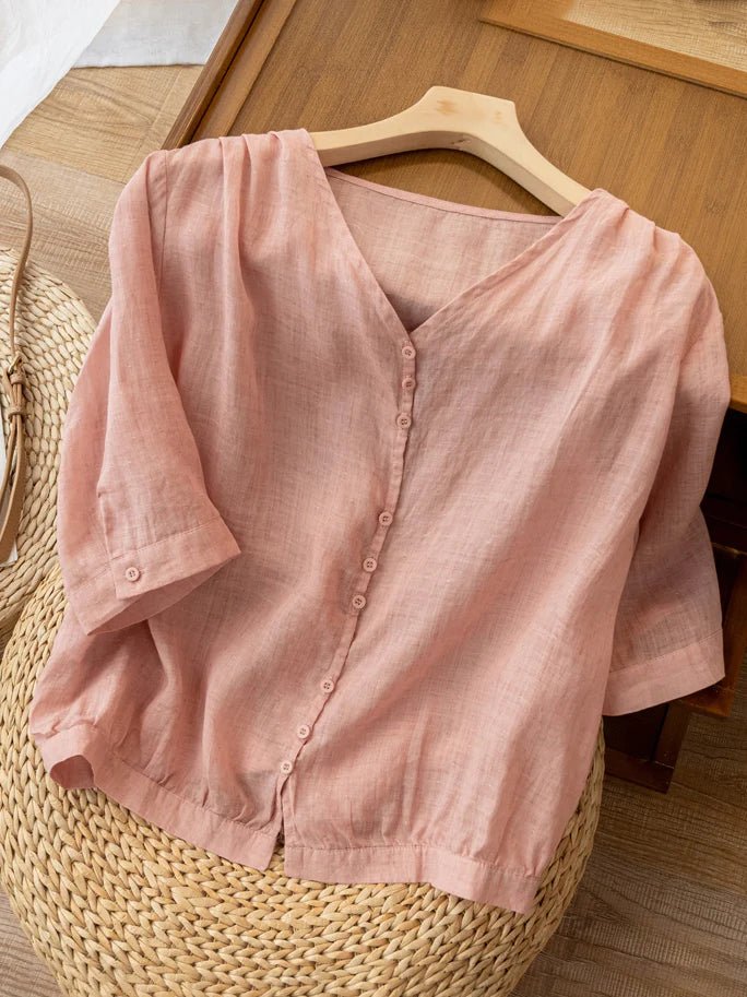 Pure Color V Neck 3/4 Sleeve Linen Shirt Top