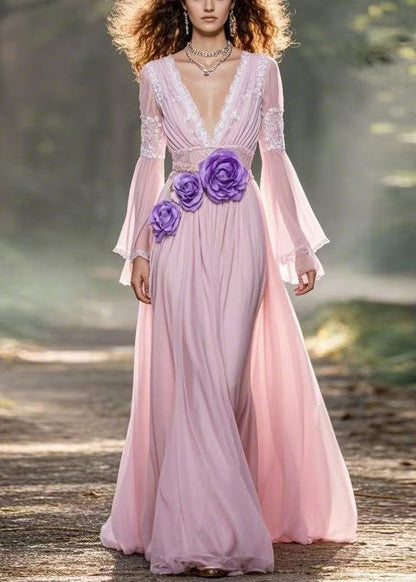 Pink V Neck Chiffon Long Dress Spring