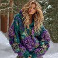 Women's Gradient Rose And Floral Knitted Warm Hooded Sweater artswardrobe