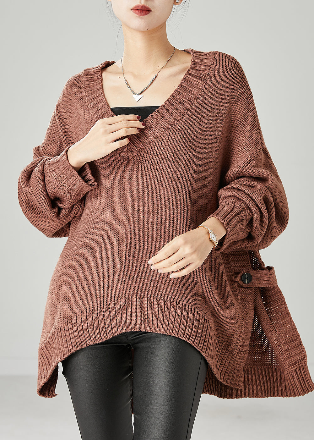 Cozy Khaki Oversized Side Open Knit Tops Spring