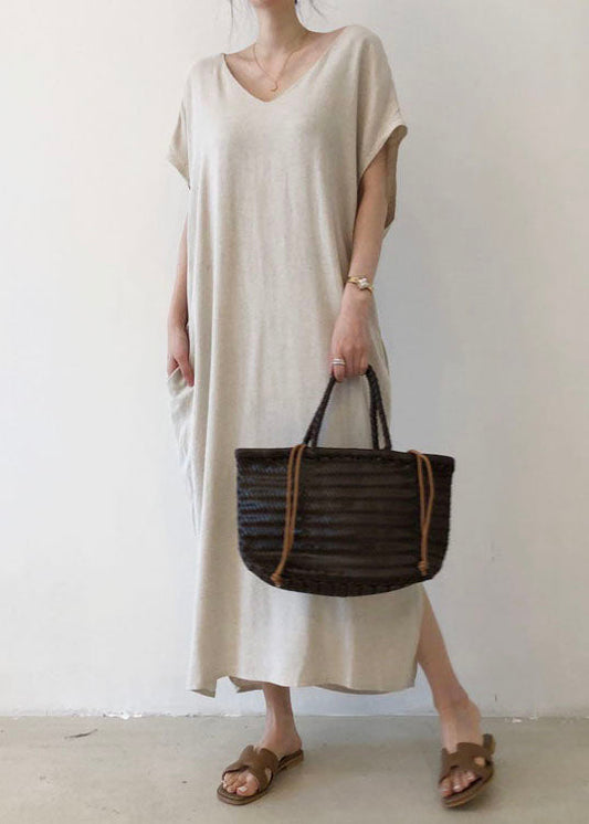 Beige V Neck Cotton Short Sleeve Long Dresses