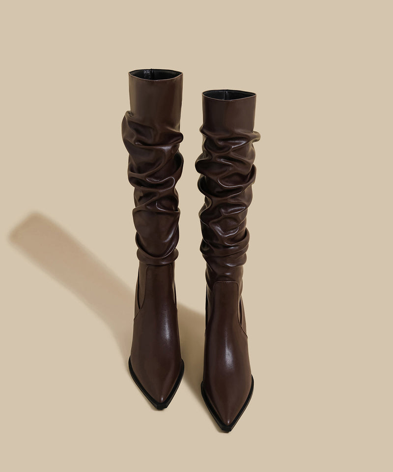 Splicing Stiletto Boots Brown Faux Leather Pointed Toe