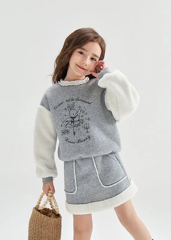 Grey O-neck Print Patchwork Warm Sweatshirt and Skirts Two Pieces Set Winter