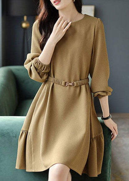 Khaki O Neck Sashes Cotton Mid Dress Long Sleeve