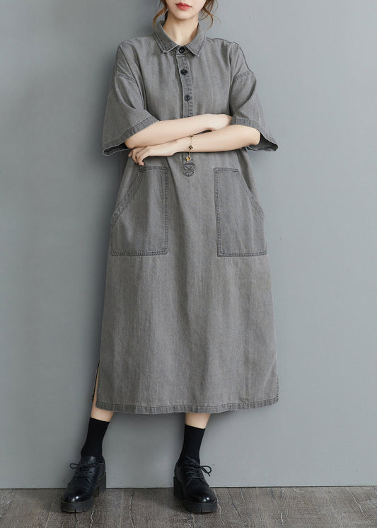 Loose Grey Peter Pan Collar Button Side Open Pockets Denim Dresses Short Sleeve