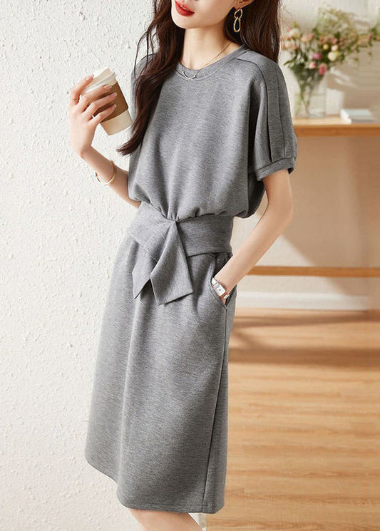 Simple Grey O Neck Patchwork T Shirt and Skirtss Cotton Two Pieces Set Fall