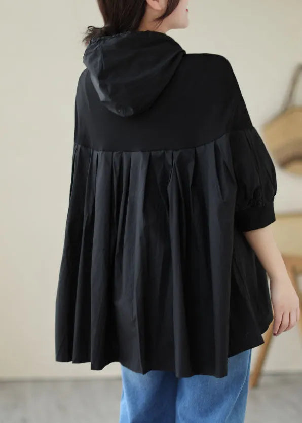 Black Hooded Wrinkled Patchwork Cotton T Shirt Top Summer