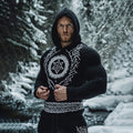 Men's Viking Tribal Jacquard Celtic Inspired Chunky Knit Hooded Sweater artswardrobe