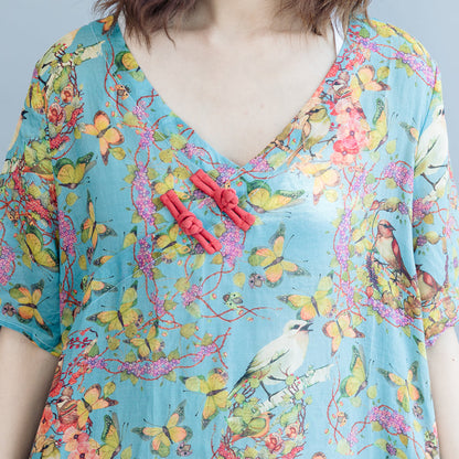 Blue Print Linen Dresses Clothing V Neck a Line Skirts Caftans Short Sleeve Dresses