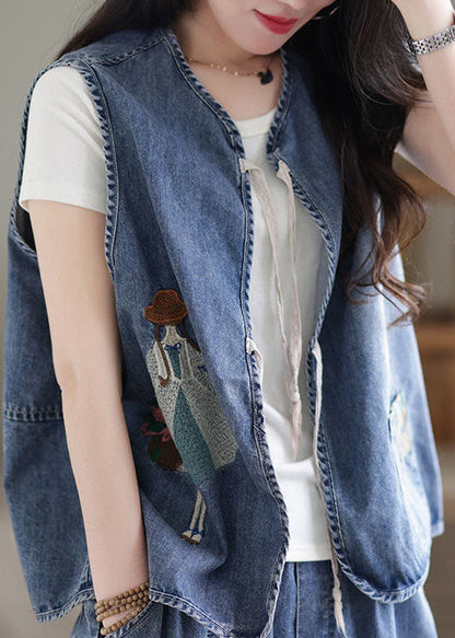 Organic Blue Embroideried O-neck Pocket Lace Up Cotton Vest Tops Sleeveless