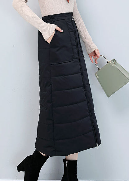 Black Zip Up Pockets Fine Cotton Filled Skirt Winter