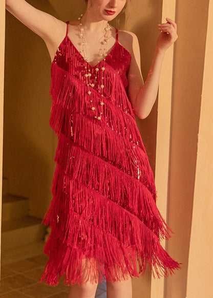 Stylish Red Tasseled Sequins Patchwork Spaghetti Strap Dress Sleeveless