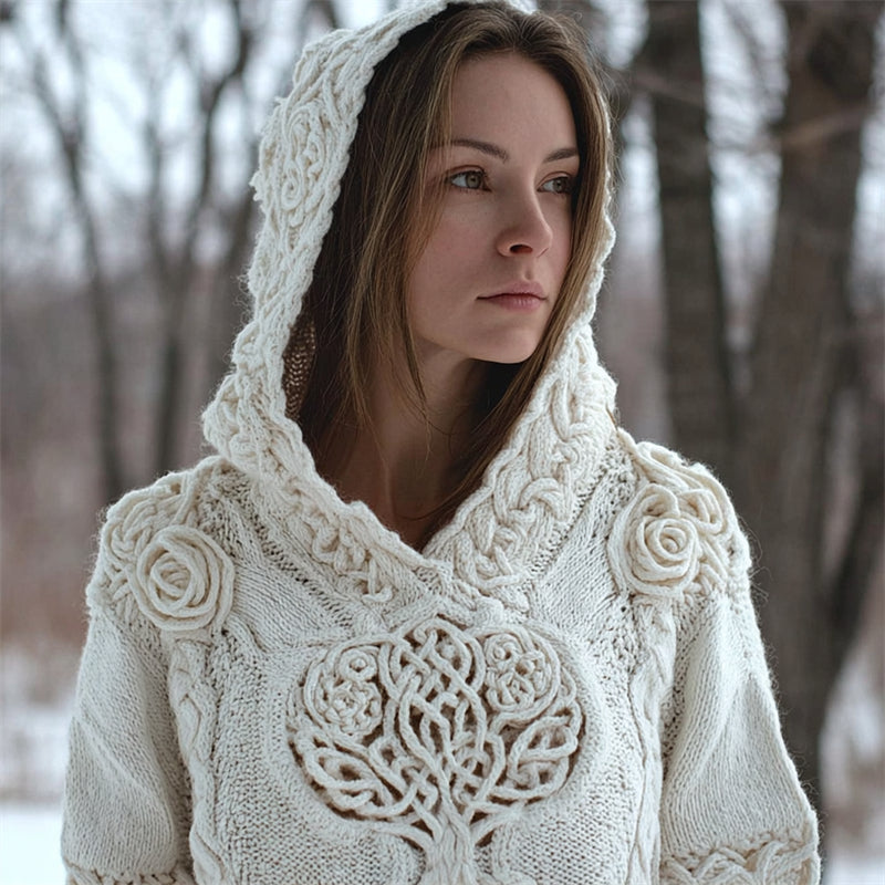 Comstylish Viking Tree Of Life White Roses Celtic Cozy Knit Hooded Sweater