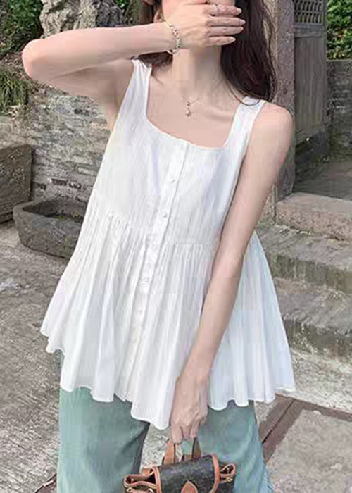 White Square Collar Wrinkled Cotton Shirt Sleeveless