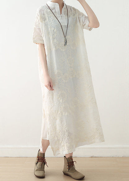 French White Linen Outfit Fine Inspiration Embroidery Stand Collar Dresses Summer Dress