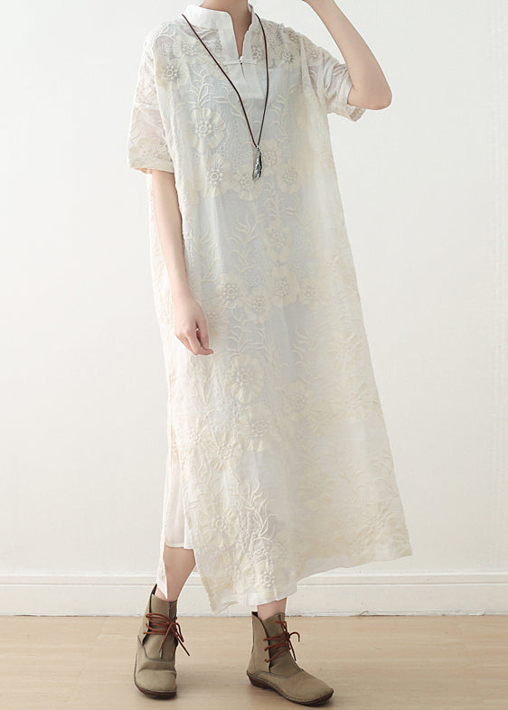 French White Linen Outfit Fine Inspiration Embroidery Stand Collar Dresses Summer Dress