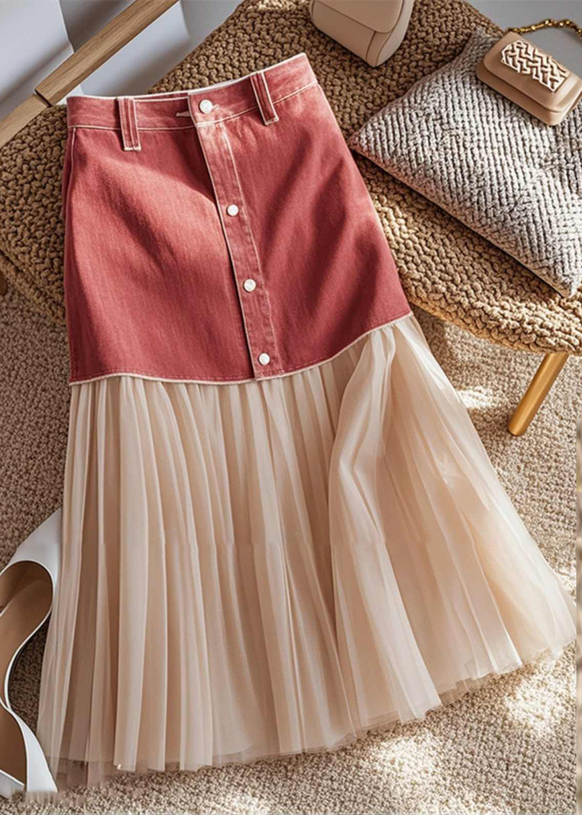 Art Colorblock Patchwork Button High Waist Maxi Skirt Spring