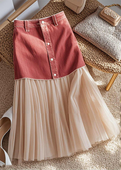 Art Colorblock Patchwork Button High Waist Maxi Skirt Spring