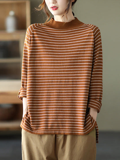 - Stripes Turtleneck Knitted Long Sleeve Sweater