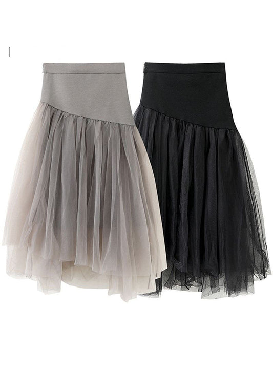 Black High Waist Asymmetrical Patchwork Tulle Skirt Summer
