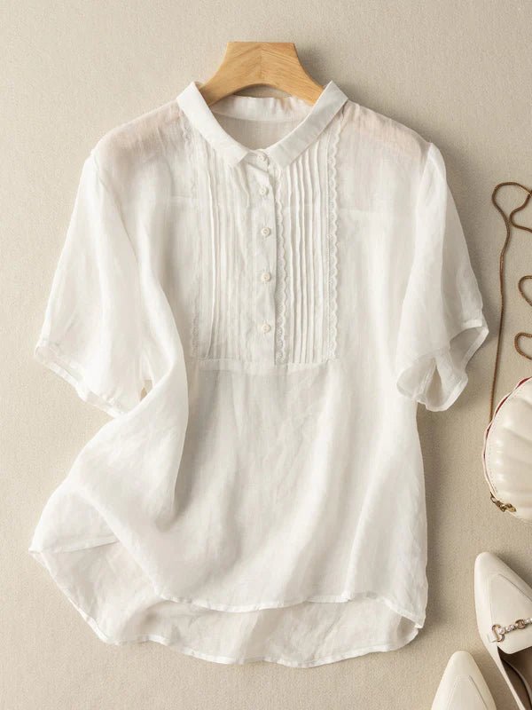 Color Short Sleeve Linen Pleated Top