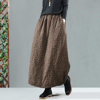 Retro Cotton Linen Quilted Thick Print Skirt