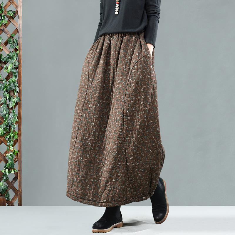 Retro Cotton Linen Quilted Thick Print Skirt