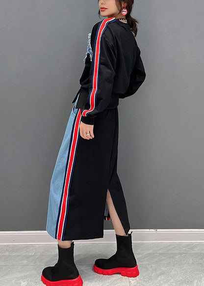 Black O-neck Striped Pullover and Skirts Two Piece Suit Set Fall