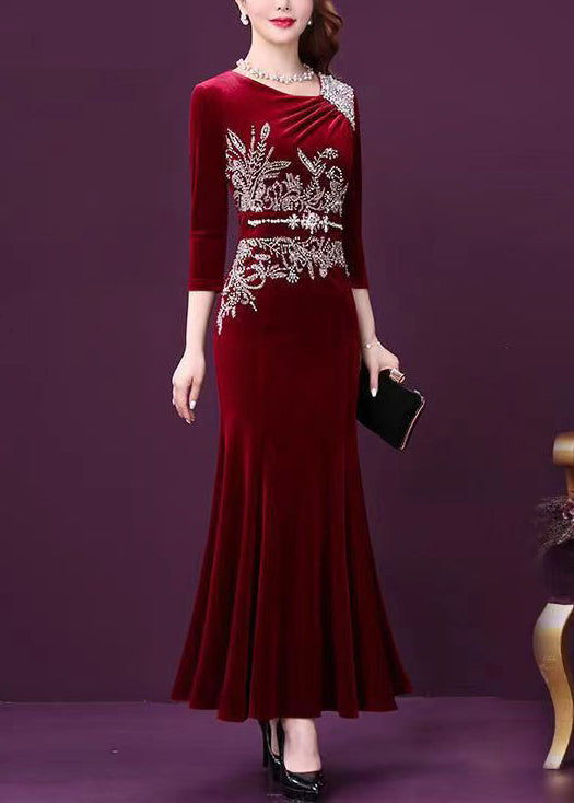 Wine Red Zircon Patchwork Silk Velour Fishtail Skirt Dress Half Sleeve