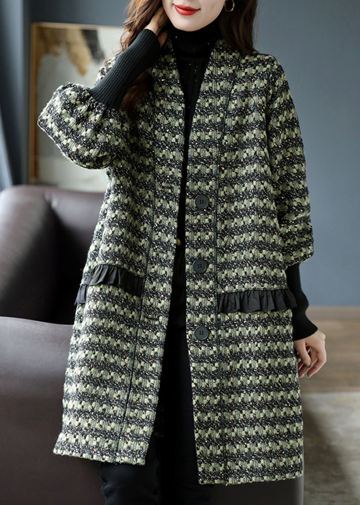 Green V Neck Ruffled Striped Knit Patchwork Thick Coat Long Sleeve