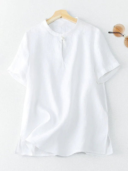 Pure Color Crew Neck Short Sleeve Buttoned Linen Tee Top