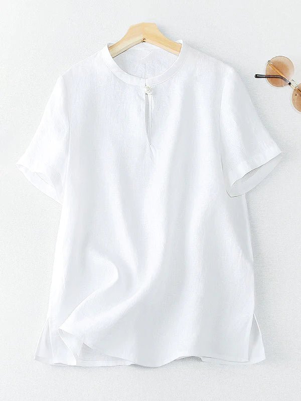 Pure Color Crew Neck Short Sleeve Buttoned Linen Tee Top