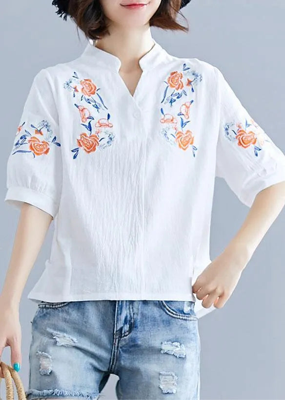Natural White Embroidery Linen Clothes Work Outfits V Neck Summer Blouses