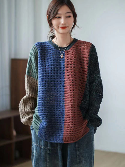 Plaid Hollow Out Long Sleeve Pullover Sweater