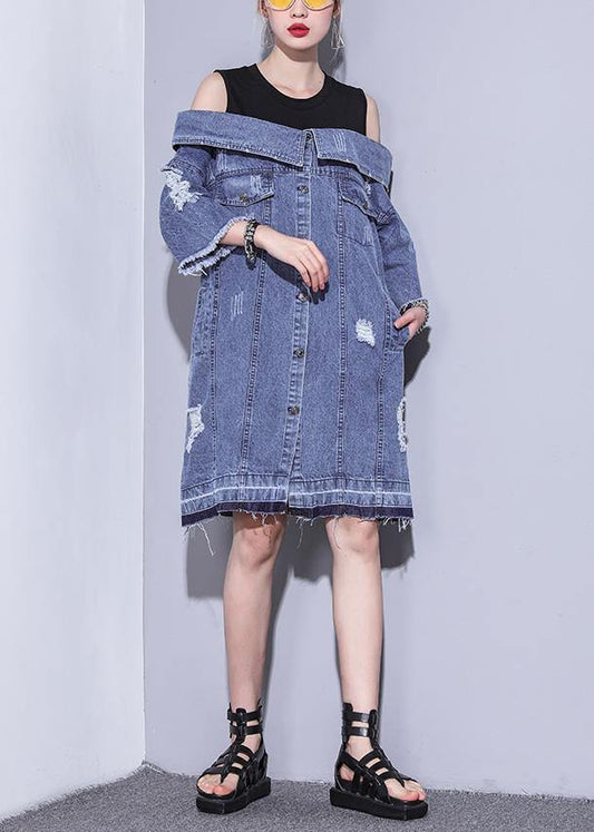 100% Denim Blue Cotton Long Shirts Slash Neck Oversized Summer Dresses