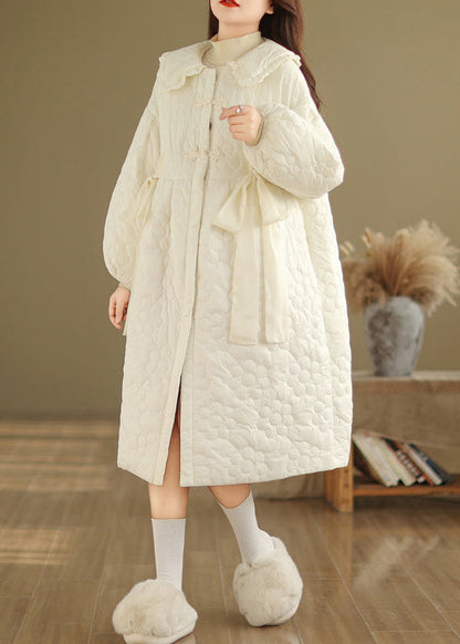 Beige Peter Pan Collar Fine Cotton Filled Coat Lantern Sleeve