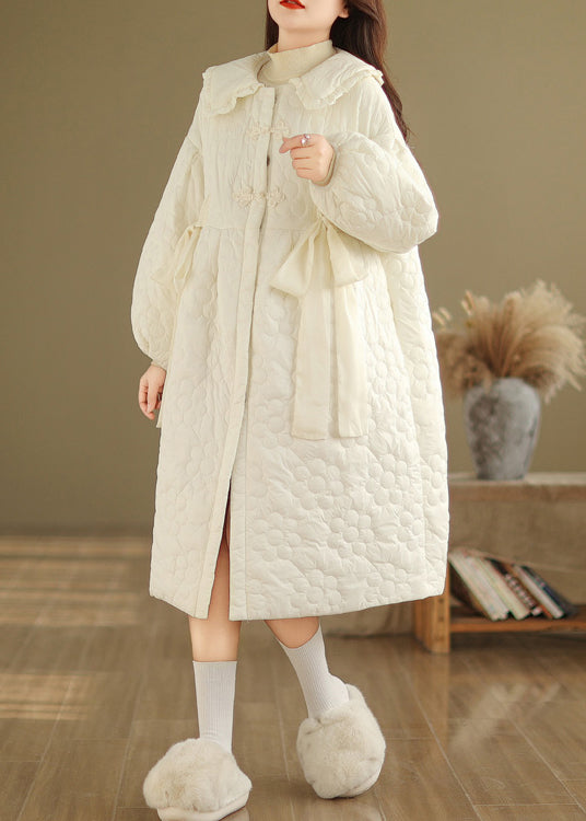 Beige Peter Pan Collar Fine Cotton Filled Coat Lantern Sleeve