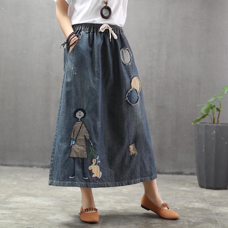 Cozy Thin Cartoon Embroidered Patch Swing Denim Skirt
