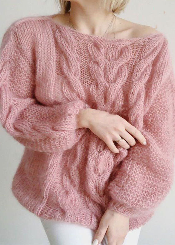 Pink Slash Neck Hollow Out Knit Sweaters Winter