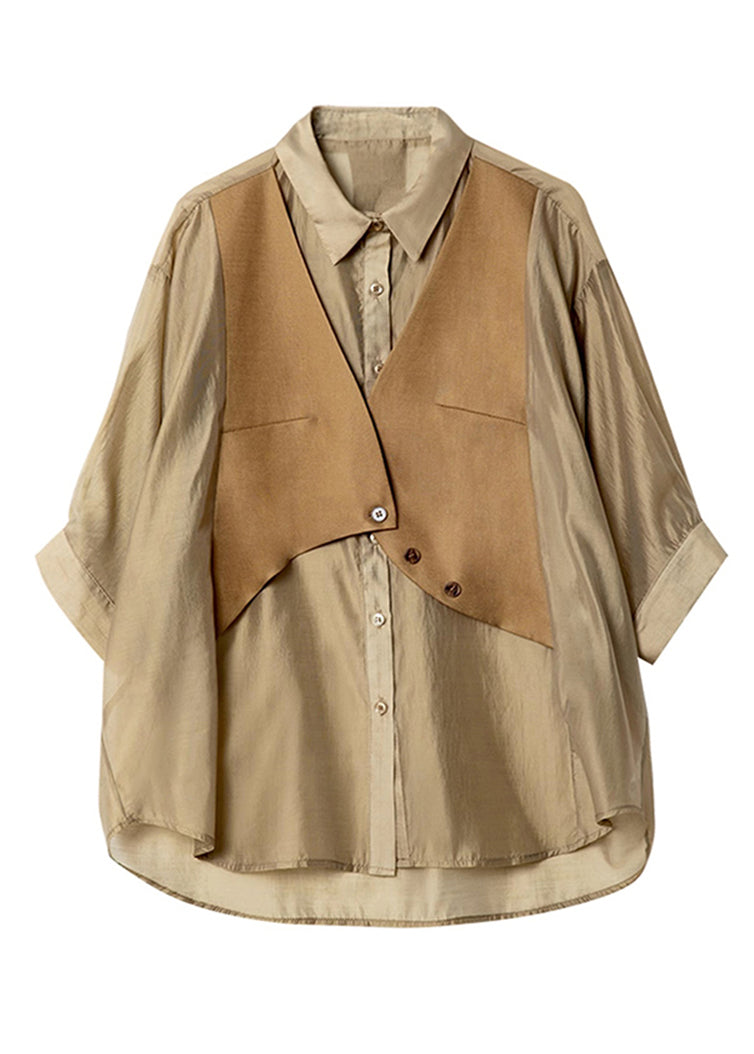 Khaki Peter Pan Collar Patchwork Button Shirts Half Sleeve