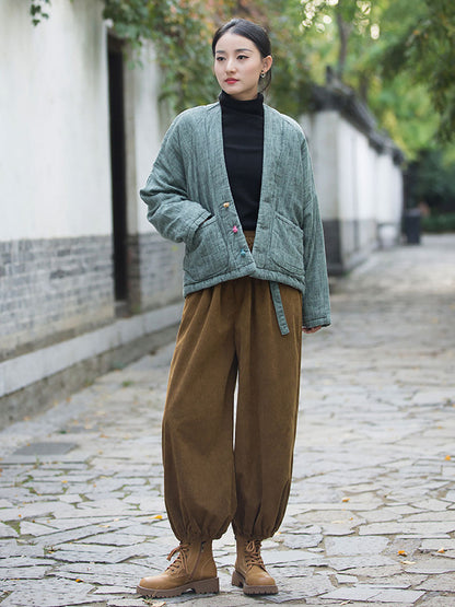 Winter Artsy Worn Button Pocket Linen Coat