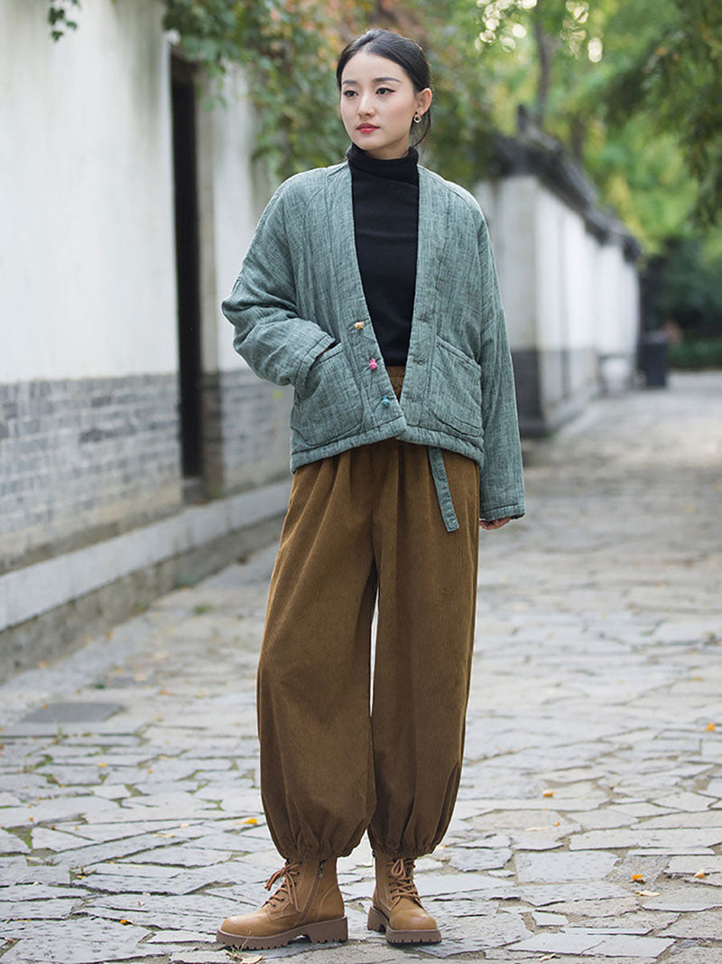 Winter Artsy Worn Button Pocket Linen Coat