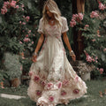 Women's Vintage Rose Embroidery Art Round Neck Short Sleeve Maxi Dress elevenforest