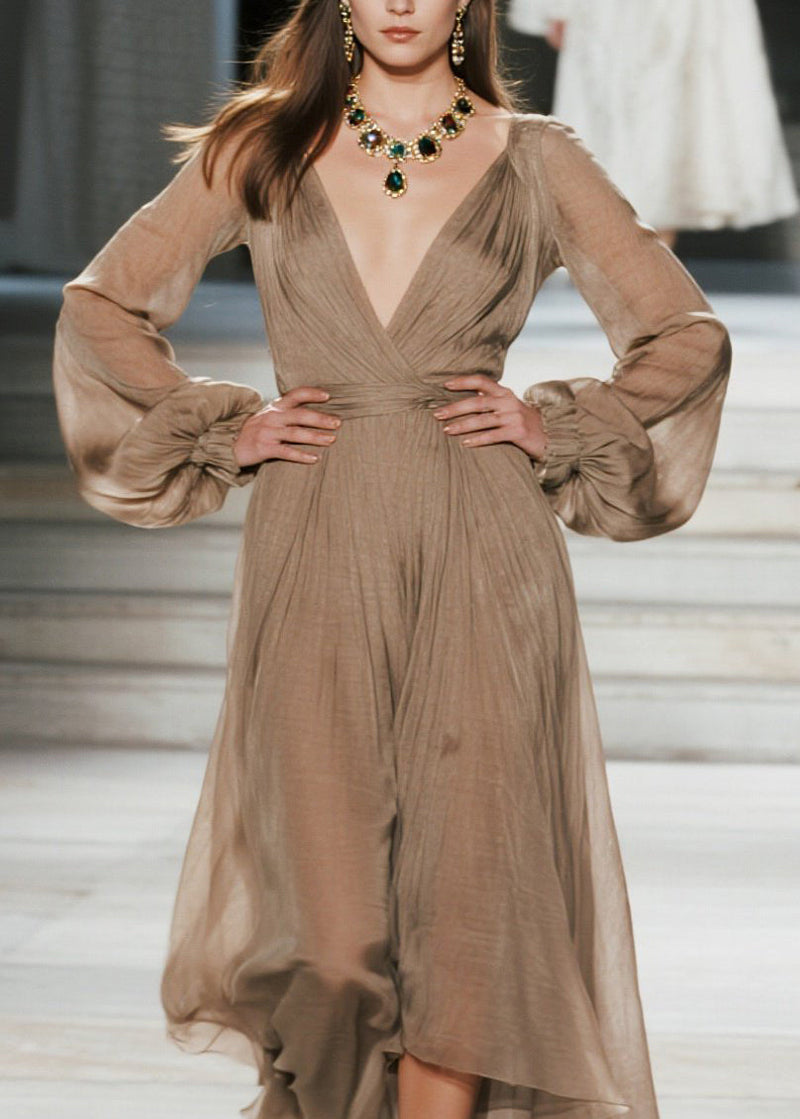 V Neck Wrinkled Patchwork Cotton Maxi Dresses Fall