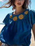Vintage Sunflower Embroidered Art Cotton Linen Comfy Shirt elevenforest