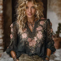 Bohemian Style Pink Rose Black Casual V-neck Long Sleeved Top elevenforest