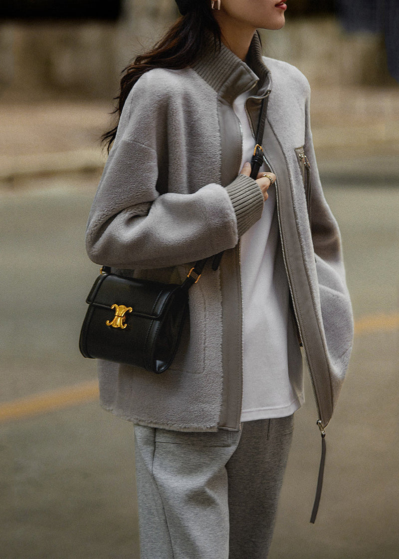 Stylish Grey Oversized Pu Patchwork Wool Coat Fall