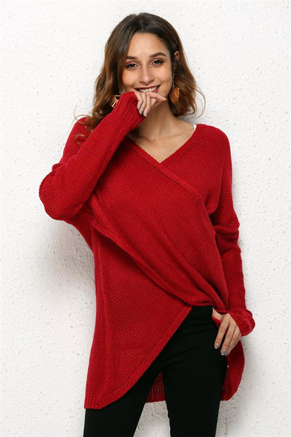 V Neck Front Cross Weekend Sweater - Red