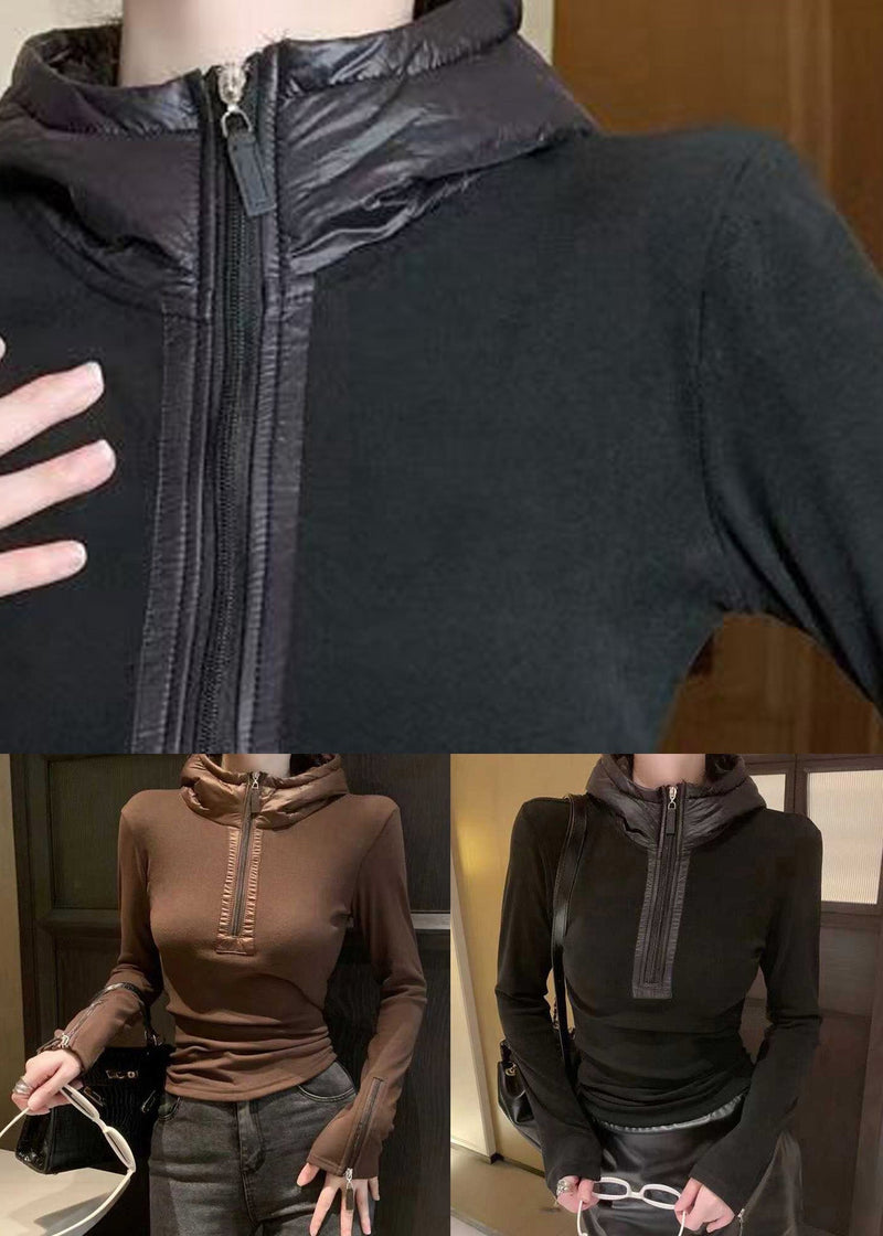 Slim Fit Black Hooded Zippered Cotton T Shirts Top Winter
